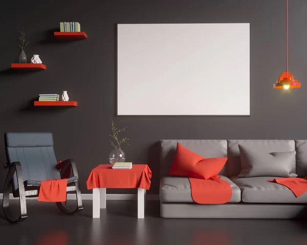Cartaz de layout com cadeira e minimalismo de tecido mais moderno interior fundo ilustração 3D — Fotografia de Stock