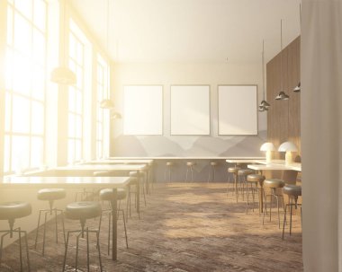 İç tabloları windows, ahşap zemin yakınındaki bir sıra ile Bar. 3D render. Yukarı alay.