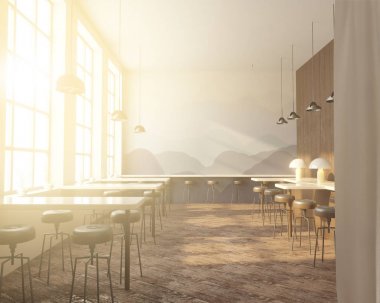 İç tabloları windows, ahşap zemin yakınındaki bir sıra ile Bar. 3D render. Yukarı alay.