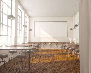 İç tabloları windows, ahşap zemin yakınındaki bir sıra ile Bar. 3D render. Yukarı alay.