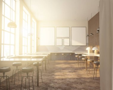 İç tabloları windows, ahşap zemin yakınındaki bir sıra ile Bar. 3D render. Yukarı alay.