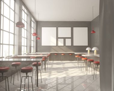İç tabloları windows, ahşap zemin yakınındaki bir sıra ile Bar. 3D render. Yukarı alay.