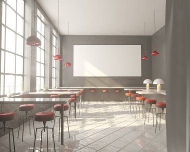 İç tabloları windows, ahşap zemin yakınındaki bir sıra ile Bar. 3D render. Yukarı alay.