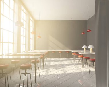 İç tabloları windows, ahşap zemin yakınındaki bir sıra ile Bar. 3D render. Yukarı alay.