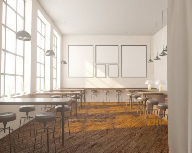 İç tabloları windows, ahşap zemin yakınındaki bir sıra ile Bar. 3D render. Yukarı alay.