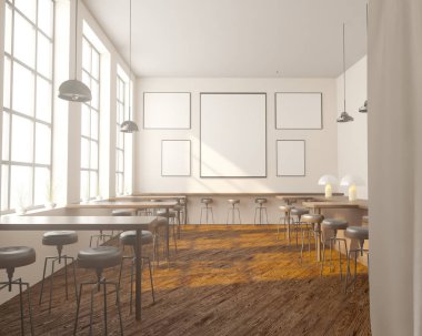 İç tabloları windows, ahşap zemin yakınındaki bir sıra ile Bar. 3D render. Yukarı alay.