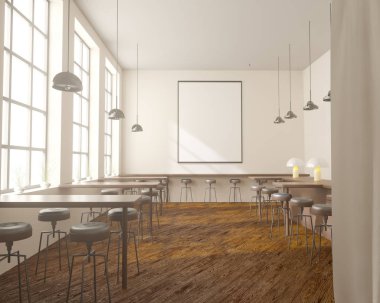 İç tabloları windows, ahşap zemin yakınındaki bir sıra ile Bar. 3D render. Yukarı alay.