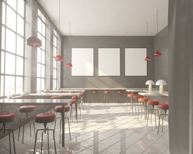 İç tabloları windows, ahşap zemin yakınındaki bir sıra ile Bar. 3D render. Yukarı alay.