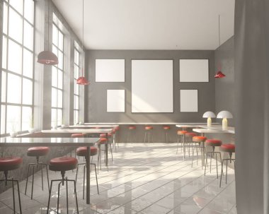 İç tabloları windows, ahşap zemin yakınındaki bir sıra ile Bar. 3D render. Yukarı alay.
