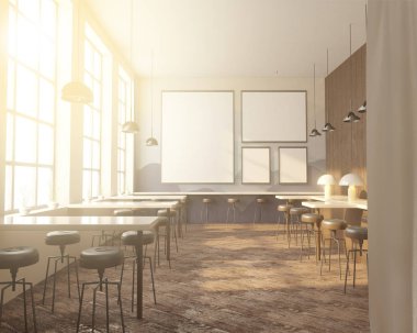 İç tabloları windows, ahşap zemin yakınındaki bir sıra ile Bar. 3D render. Yukarı alay.