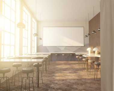 İç tabloları windows, ahşap zemin yakınındaki bir sıra ile Bar. 3D render. Yukarı alay.