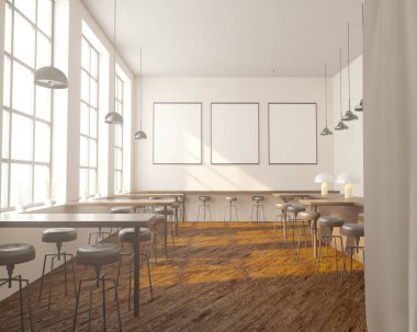 İç tabloları windows, ahşap zemin yakınındaki bir sıra ile Bar. 3D render. Yukarı alay.