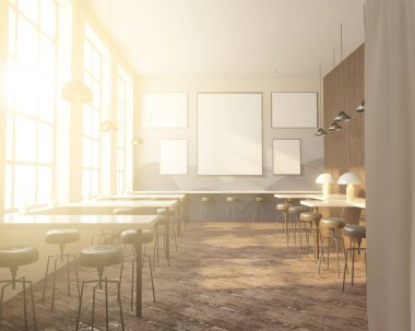 İç tabloları windows, ahşap zemin yakınındaki bir sıra ile Bar. 3D render. Yukarı alay.