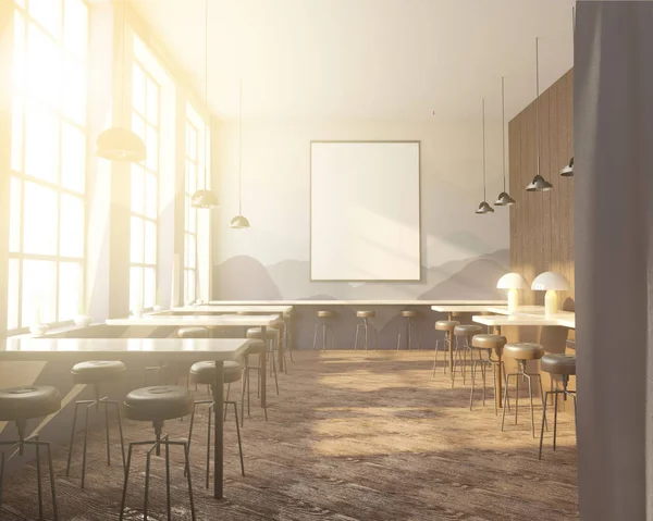 İç tabloları windows, ahşap zemin yakınındaki bir sıra ile Bar. 3D render. Yukarı alay.