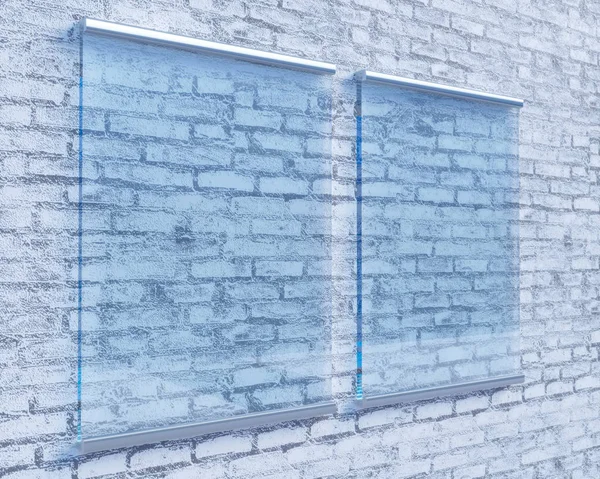 Transparente Tafel auf Betonwand, mock up 3D Illustration Stil, Symbol, Vorlage, transparent, oben, Wand, weiß — Stockfoto