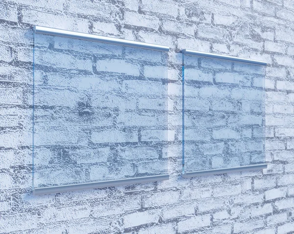 Transparentní vývěsní štít na betonovou stěnu, mock up 3d ilustrace styl, symbol, šablony, transparentní, do, zdi, bílé — Stock fotografie