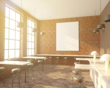 İç tabloları windows, ahşap zemin yakınındaki bir sıra ile Bar. 3D render. Yukarı alay.