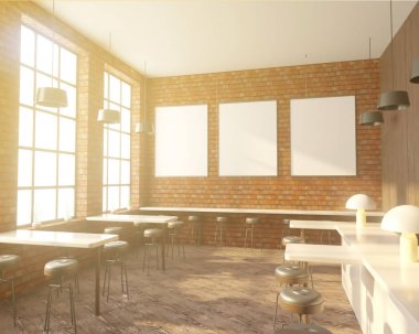 İç tabloları windows, ahşap zemin yakınındaki bir sıra ile Bar. 3D render. Yukarı alay.