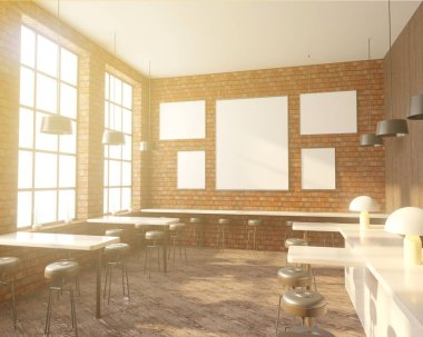 İç tabloları windows, ahşap zemin yakınındaki bir sıra ile Bar. 3D render. Yukarı alay.