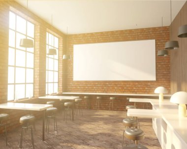 İç tabloları windows, ahşap zemin yakınındaki bir sıra ile Bar. 3D render. Yukarı alay.