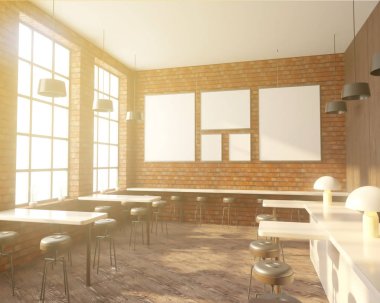 İç tabloları windows, ahşap zemin yakınındaki bir sıra ile Bar. 3D render. Yukarı alay.