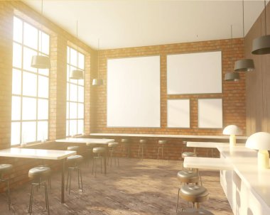 İç tabloları windows, ahşap zemin yakınındaki bir sıra ile Bar. 3D render. Yukarı alay.