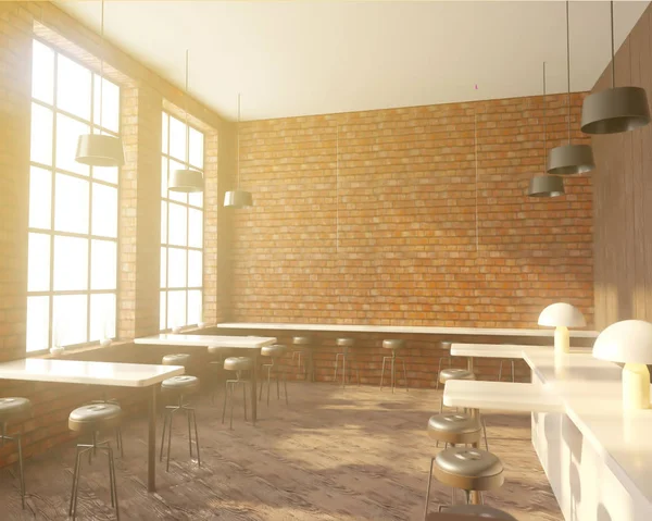 Барний інтер'єр з рядом столів біля вікон, дерев'яна підлога. 3D візуалізація. Знущання . — стокове фото