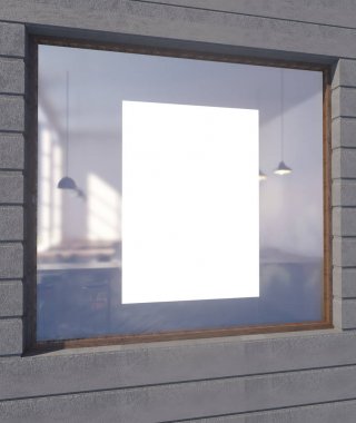 poster pencere işareti, uzay, mağaza street, kadar görünümü, duvar, beyaz, pencere üzerinde 3D çizimi  