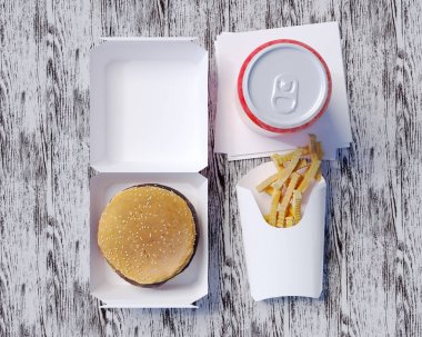 Fast food 3d çizim stili, sahte kimlik almak, up, beyaz illüstrasyon izole, template, logo, öğle yemeği