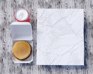 Fast food 3d çizim stili, sahte kimlik almak, up, beyaz illüstrasyon izole, template, logo, öğle yemeği