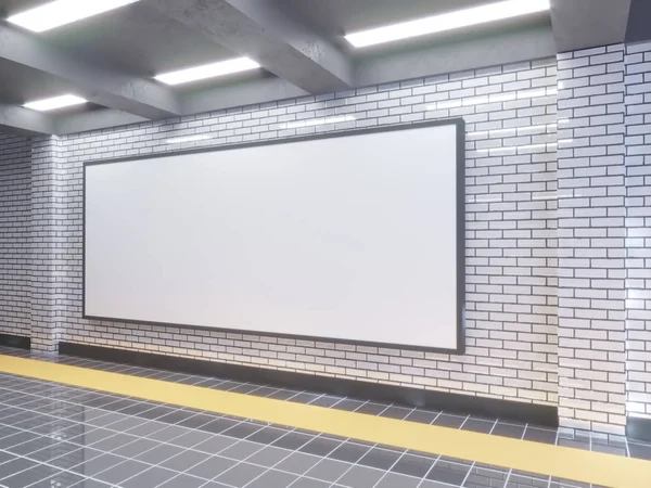 Grande cartaz na estação de metro 3d ilustração espaço, estação, metrô, modelo, três, subterrâneo, para cima, parede, branco — Fotografia de Stock