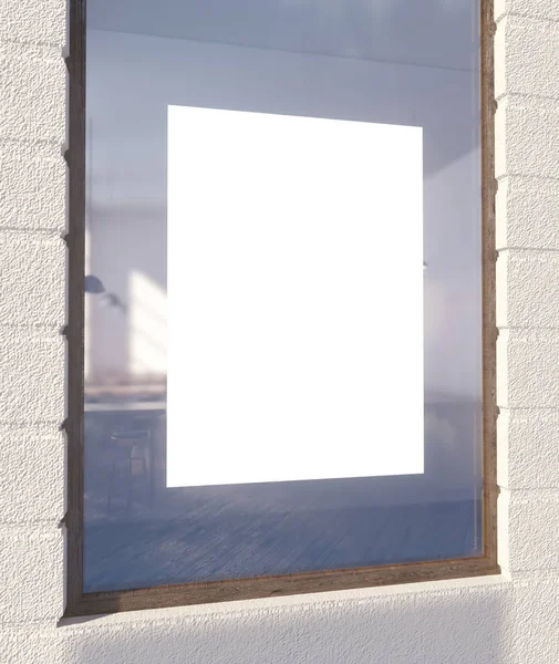 3D Illustration von Plakat auf Fensterschild, Raum, Geschäft, Straße, oben, Aussicht, Wand, weiß, Fenster — Stockfoto