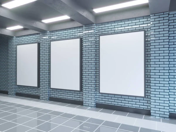 Grande cartaz na estação de metro 3d ilustração espaço, estação, metrô, modelo, três, subterrâneo, para cima, parede, branco — Fotografia de Stock