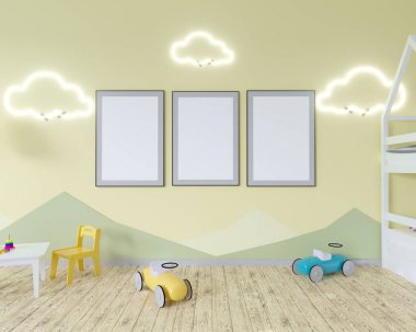 Bir beşik, şeklinde bulut lambalar ve bir oyuncak odası iç. Mavi duvar. Minimalizm kavramı. 3D render. Kadar alay et. illüstrasyon