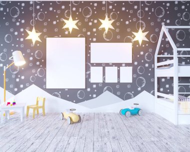 Ampuller ile posteri çocuk renk Oda kadar alay et. 3D çizim studio, şablon, kadar beyaz duvar  