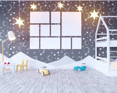 Ampuller ile posteri çocuk renk Oda kadar alay et. 3D çizim studio, şablon, kadar beyaz duvar  