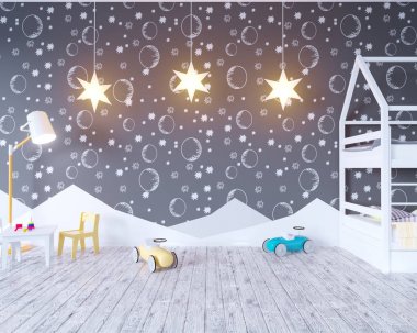 Ampuller ile posteri çocuk renk Oda kadar alay et. 3D çizim studio, şablon, kadar beyaz duvar  