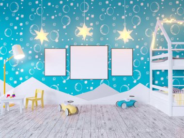 Ampuller ile posteri çocuk renk Oda kadar alay et. 3D çizim studio, şablon, kadar beyaz duvar  