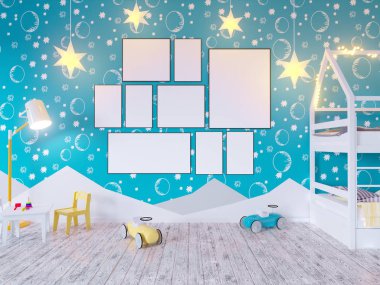 Ampuller ile posteri çocuk renk Oda kadar alay et. 3D çizim studio, şablon, kadar beyaz duvar  