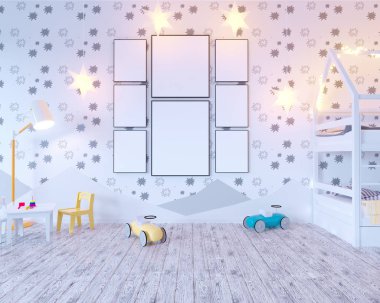 Ampuller ile posteri çocuk renk Oda kadar alay et. 3D çizim studio, şablon, kadar beyaz duvar  