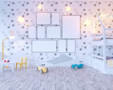 Ampuller ile posteri çocuk renk Oda kadar alay et. 3D çizim studio, şablon, kadar beyaz duvar  