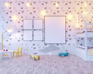 Ampuller ile posteri çocuk renk Oda kadar alay et. 3D çizim studio, şablon, kadar beyaz duvar  