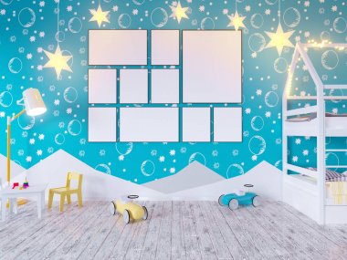 Ampuller ile posteri çocuk renk Oda kadar alay et. 3D çizim studio, şablon, kadar beyaz duvar  