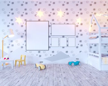 Ampuller ile posteri çocuk renk Oda kadar alay et. 3D çizim studio, şablon, kadar beyaz duvar  