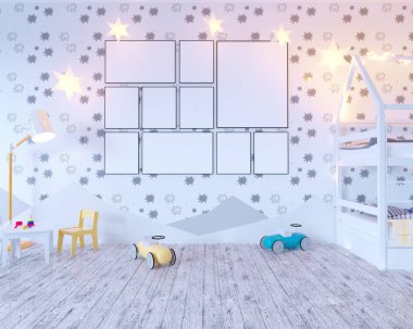 Ampuller ile posteri çocuk renk Oda kadar alay et. 3D çizim studio, şablon, kadar beyaz duvar  