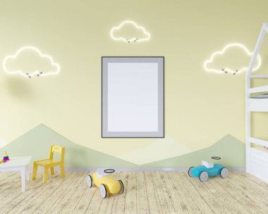 Bir beşik, şeklinde bulut lambalar ve bir oyuncak odası iç. Mavi duvar. Minimalizm kavramı. 3D render. Kadar alay et. illüstrasyon