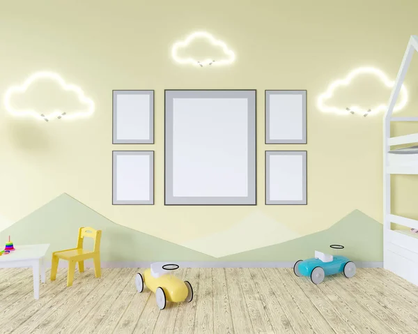 Εσωτερικό δωμάτιο με βρεφικές κούνιες, σύννεφο σε σχήμα λάμπες και ένα παιχνίδι. Μπλε τοίχοι. Έννοια του μινιμαλισμού. 3D rendering. Χλευάσουμε επάνω. Εικονογράφηση — Φωτογραφία Αρχείου