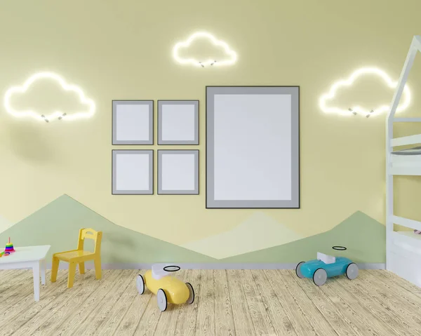 Εσωτερικό δωμάτιο με βρεφικές κούνιες, σύννεφο σε σχήμα λάμπες και ένα παιχνίδι. Μπλε τοίχοι. Έννοια του μινιμαλισμού. 3D rendering. Χλευάσουμε επάνω. Εικονογράφηση — Φωτογραφία Αρχείου
