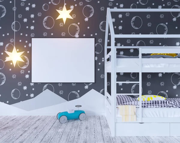 Maquette affiche chambre de couleur pour enfants, avec des ampoules. Studio d'illustration 3D, modèle, haut, mur, blanc — Photo
