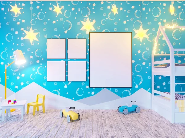 Preencha o quarto de cor de crianças de cartaz, com lâmpadas. 3d estúdio de ilustração, modelo, para cima, parede, branco — Fotografia de Stock